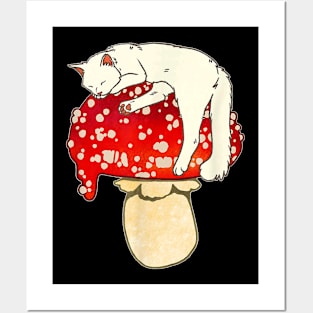 Cute White Cat Sleeping On Red Spotted Mushroom Posters and Art